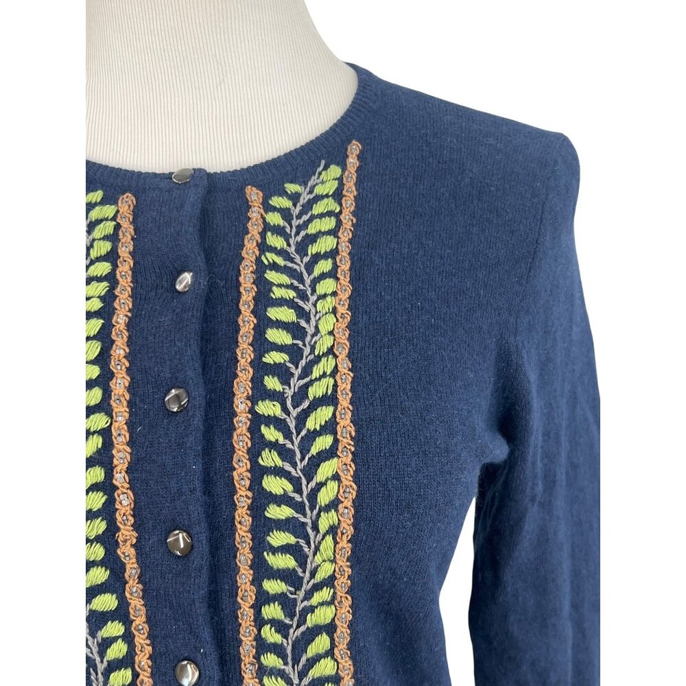 J. Crew Blue Embroidered & Beaded Cashmere Blend Button Front Cardigan • Preppy - Picture 3 of 14
